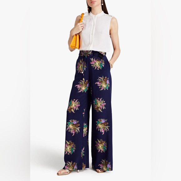 Zimmermann Pants - Zimmermann Navy Floral Silk Crepe Wide Leg Pants